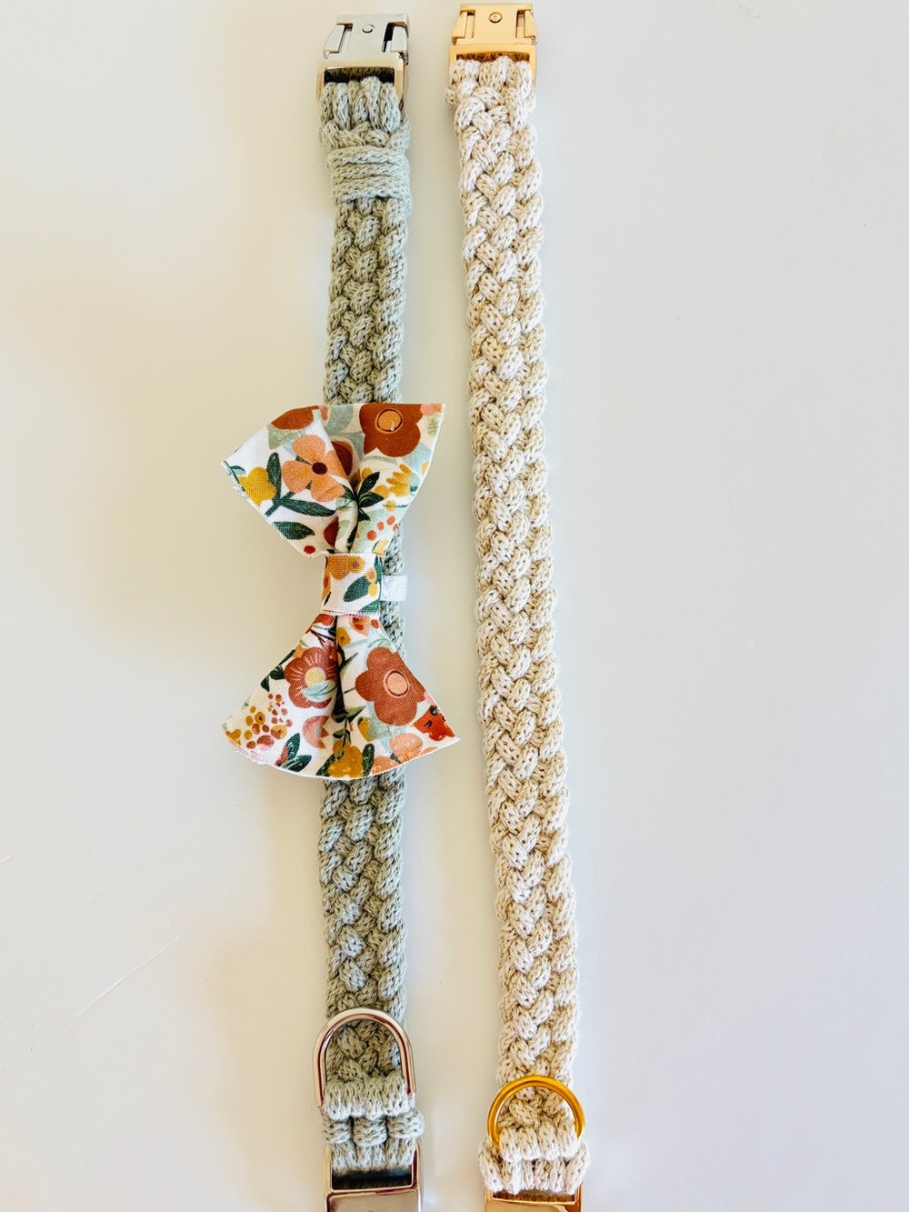 Matching Sage Green & Cream Cotton Dog Collar Set